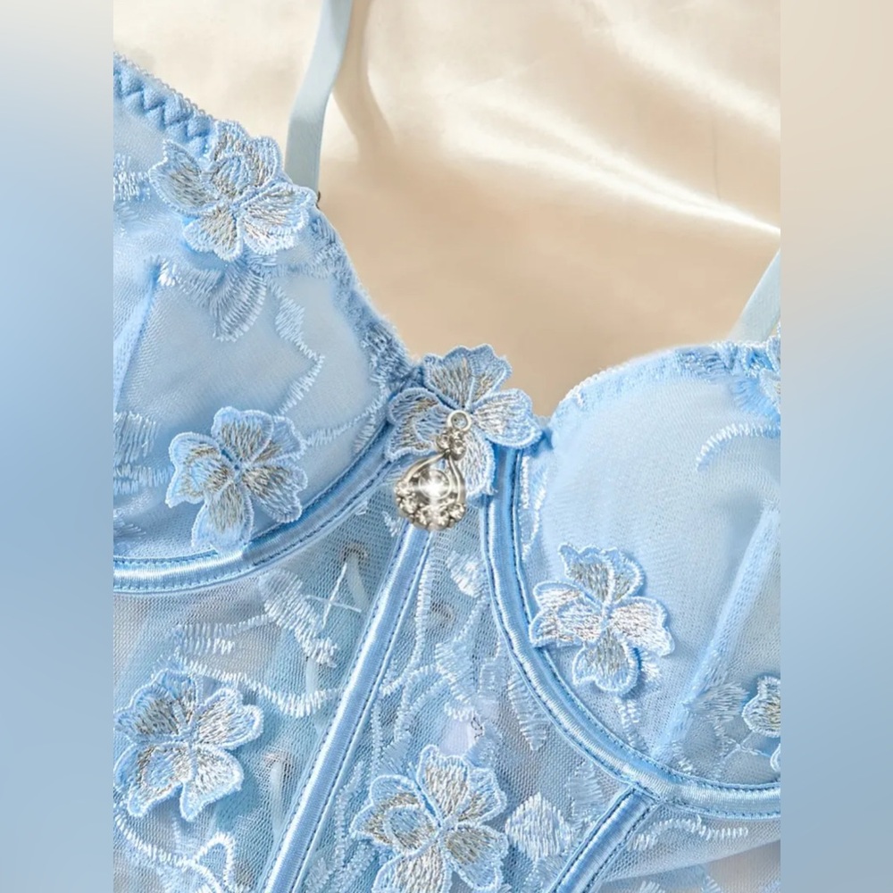 Gigi Angelic Blue Floral Embroidered Mesh Corset Bustier + Thong + Garter Set - Picture 3 of 10